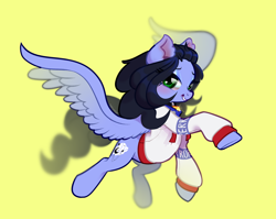 Size: 2600x2067 | Tagged: safe, artist:rrd-artist, derpibooru import, oc, oc only, oc:skiu, pegasus, pony, bell, bell collar, clothes, collar, commission, simple background, smiling, solo, spread wings, wings