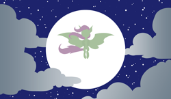 Size: 2583x1500 | Tagged: safe, artist:egor418, derpibooru import, fluttershy, bat pony, pony, bat ponified, bat wings, cloud, female, flutterbat, lineless, mare, minimalist, moon, night, night sky, race swap, sky, solo, species swap, wings