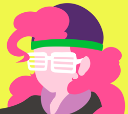 Size: 2594x2312 | Tagged: safe, artist:egor418, derpibooru import, pinkie pie, dance magic, equestria girls, spoiler:eqg specials, bust, clothes, female, hat, lineless, mc pinkie, minimalist, portrait, shutter shades, simple background, solo, sunglasses, yellow background