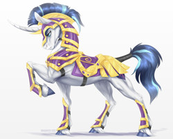Size: 1000x800 | Tagged: safe, artist:dementra369, derpibooru import, shining armor, pony, unicorn, armor, curved horn, horn, male, raised hoof, raised leg, realistic, simple background, solo, stallion, white background
