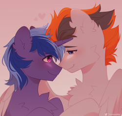 Size: 1776x1680 | Tagged: safe, artist:floweryoutoday, derpibooru import, oc, oc only, oc:midnight nova, oc:sukko, pegasus, pony, unicorn, blushing, chest fluff, commission, eye contact, gay, gradient background, heart, horn, hug, looking at each other, looking at someone, male, oc x oc, shipping, stallion, winghug, wings, ych result