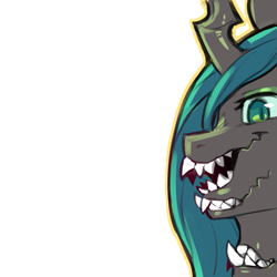 Size: 1159x1159 | Tagged: safe, artist:cold-blooded-twilight, derpibooru import, part of a set, queen chrysalis, changeling, body horror, fangs, female, multiple mouths, sharp teeth, simple background, solo, teeth, transparent background