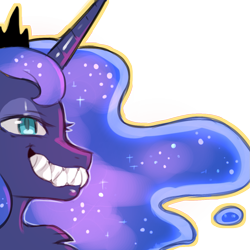 Size: 1159x1159 | Tagged: safe, artist:cold-blooded-twilight, derpibooru import, part of a set, princess luna, alicorn, body horror, chest fluff, eyeshadow, fangs, female, glowing mane, makeup, sharp teeth, simple background, solo, teeth, transparent background