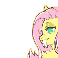 Size: 1159x1159 | Tagged: safe, artist:cold-blooded-twilight, derpibooru import, part of a set, fluttershy, pegasus, chest fluff, fangs, female, sabertooth pony, simple background, solo, transparent background