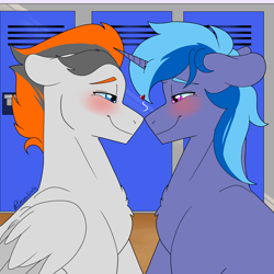 Size: 5000x5000 | Tagged: safe, artist:rcdesenhista, derpibooru import, oc, oc only, oc:midnight nova, oc:sukko, pegasus, pony, unicorn, blushing, chest fluff, ears, eye contact, floppy ears, gay, heart, locker room, lockers, looking at each other, looking at someone, male, oc x oc, shipping, stallion