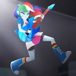 Size: 1280x1280 | Tagged: safe, artist:pointdelta, derpibooru import, rainbow dash, equestria girls, rainbow rocks, awesome as i want to be, boots, electric guitar, eyebrows, eyes closed, female, grin, guitar, high heel boots, midair, musical instrument, redraw, shoes, smiling, solo