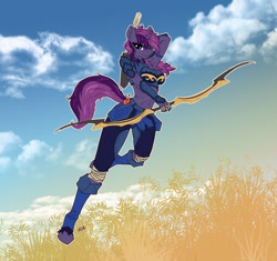 Size: 1280x1205 | Tagged: safe, artist:mazinga669, derpibooru import, oc, anthro, unguligrade anthro, unicorn, archery, armor, arrow, bow (weapon), dungeons and dragons, fantasy class, midriff, pen and paper rpg, rogue, rpg, skimpy, solo, toned