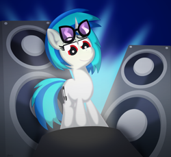 Size: 7200x6600 | Tagged: safe, artist:agkandphotomaker2000, derpibooru import, dj pon-3, vinyl scratch, pony, unicorn, absurd resolution, lights, looking at you, looking down, looking down at you, pedestal, red eyes, simple background, speaker, sunglasses, vinyl's glasses, wrong eye color