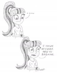 Size: 1516x1946 | Tagged: safe, artist:owl-eye-2010, derpibooru import, sonata dusk, equestria girls, ..., 2015, asdfmovie, female, monochrome, pencil drawing, solo, traditional art, watch