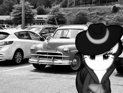 Size: 1032x774 | Tagged: safe, edit, editor:undeadponysoldier, photographer:undeadponysoldier, rarity, pony, unicorn, black and white, car, coat, detective, detective rarity, edited photo, grayscale, hat, jacket, l.a. noire, looking at you, makeup, monochrome, noir, parking lot, ponies in real life, suspicious, trenchcoat, vehicle, video game