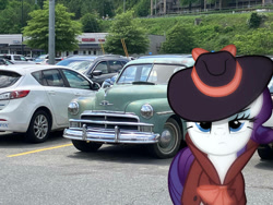 Size: 1032x774 | Tagged: safe, edit, editor:undeadponysoldier, photographer:undeadponysoldier, rarity, pony, unicorn, car, coat, colored, detective, detective rarity, edited photo, hat, jacket, l.a. noire, looking at you, makeup, noir, parking lot, ponies in real life, suspicious, trenchcoat, vehicle, video game