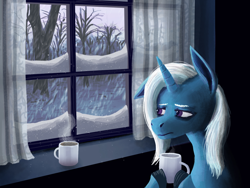 Size: 1600x1200 | Tagged: safe, alternate version, artist:necromarecy, derpibooru import, trixie, pony, unicorn, cup, looking out the window, mug, one ear down, sad, snow, solo, tree, window, winter