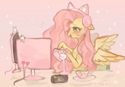 Size: 2092x1456 | Tagged: safe, artist:faiirychild, derpibooru import, fluttershy, pegasus, pony, cat ears, controller, cup, cute, desktop, ears, female, floppy ears, gamershy, gaming, gaming headset, green tea, headphones, headset, mare, microphone, monster energy, open mouth, shyabetes, solo, teacup