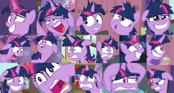 Size: 1821x978 | Tagged: safe, derpibooru import, edit, edited screencap, screencap, cup cake, pinkie pie, twilight sparkle, twilight sparkle (alicorn), alicorn, earth pony, pony, a trivial pursuit, season 9, angry, bell, close-up, crazy face, ears, facial expressions, faic, female, floppy ears, grin, gritted teeth, insanity, magic, magic aura, mare, messy mane, nervous, nervous grin, offscreen character, open mouth, shrunken pupils, smiling, solo, solo focus, spread wings, teeth, teeth grinding, telekinesis, this is trivia trot, this will end in randomness, twilight being twilight, twilight snapple, twilight sparkle is best facemaker, twilight sparkle is not amused, unamused, wings