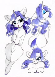 Size: 1468x2048 | Tagged: safe, artist:cherubisous, derpibooru import, rarity, semi-anthro, unicorn, butt, chest fluff, ear fluff, ears, eye clipping through hair, eyes closed, female, fluffy, hair over one eye, hip fluff, lipstick, mare, plot, rearity, simple background, sitting, solo, white background, wide hips