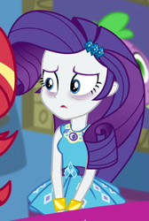 Size: 415x617 | Tagged: safe, derpibooru import, screencap, rarity, spike, spike the regular dog, sunset shimmer, dog, better together, equestria girls, holidays unwrapped, blizzard or bust, cropped, rarity peplum dress