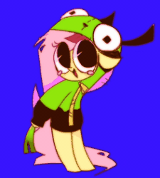 Size: 237x263 | Tagged: artist needed, safe, derpibooru import, fluttershy, animated, antonymph, bipedal, blue background, blushing, clothes, fluttgirshy, gif, gir, hoodie, leek, reference, simple background, solo