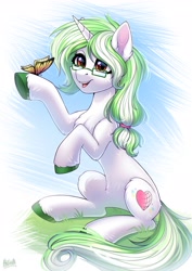 Size: 2100x2960 | Tagged: safe, artist:hakaina, derpibooru import, oc, oc only, butterfly, pony, unicorn, chest fluff, glasses, solo