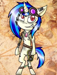 Size: 768x1024 | Tagged: safe, artist:ask-broken-peace, derpibooru import, dj pon-3, vinyl scratch, pony, unicorn, bipedal, female, goggles, horn, mare, red eyes, smiling, steampunk, wrong eye color