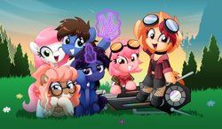 Size: 5000x2923 | Tagged: safe, artist:jhayarr23, derpibooru import, oc, oc only, oc:bizarre song, oc:sugar morning, earth pony, pony, unicorn, cape, clothes, glasses, glowing, glowing horn, goggles, grass, hand, horn, jacket, looking at you, magic, magic hands, one eye closed, peace sign, shooting star, smiling