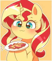 Size: 2897x3400 | Tagged: safe, artist:leo19969525, derpibooru import, sunset shimmer, pony, unicorn, :3, bacon, bacon hair, blushing, cute, female, food, green eyes, horn, mare, meat, shimmerbetes, simple background, solo, yellow background