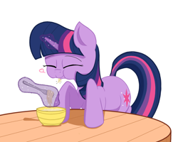 Size: 1000x800 | Tagged: safe, artist:fig, derpibooru import, twilight sparkle, unicorn twilight, pony, unicorn, bowl, cute, eating, eyes closed, floating heart, food, fork, heart, herbivore, magic, noodles, smiling, table, telekinesis, twiabetes