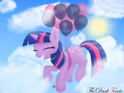 Size: 1600x1200 | Tagged: safe, artist:thedarktercio, derpibooru import, twilight sparkle, unicorn twilight, pony, unicorn, balloon, behaving like pinkie pie, cute, eyes closed, female, floating, grin, smiling, solo, then watch her balloons lift her up to the sky