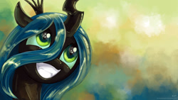 Size: 1920x1080 | Tagged: safe, alternate version, artist:kp-shadowsquirrel, derpibooru import, queen chrysalis, changeling, changeling queen, bust, female, grin, portrait, smiling, solo, wallpaper