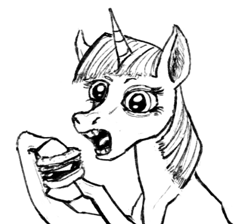 Size: 533x478 | Tagged: safe, artist:necromarecy, derpibooru import, twilight sparkle, pony, unicorn, burger, eyebrows, eyelashes, female, food, grayscale, hoers, hoof hold, horn, mare, monochrome, open mouth, simple background, solo, twilight burgkle, white background