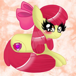 Size: 1024x1015 | Tagged: safe, artist:glimmeringclaymore, derpibooru import, apple bloom, earth pony, pony, adorabloom, blushing, cute, deviantart watermark, female, filly, foal, looking at you, obtrusive watermark, sitting, smiling, solo, the cmc's cutie marks, watermark
