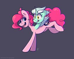 Size: 3144x2500 | Tagged: safe, artist:yarugreat, derpibooru import, lyra heartstrings, pinkie pie, earth pony, pony, unicorn, crying, dungeons and dragons, multiple heads, pen and paper rpg, rpg, running, shocked, shocked expression, shocked eyes, simple background, smiling, solo, two heads, two heads are better than one, wat
