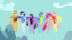 Size: 1280x719 | Tagged: safe, artist:mlp-headstrong, derpibooru import, applejack, fluttershy, pinkie pie, rainbow dash, rarity, twilight sparkle, twilight sparkle (alicorn), alicorn, anthro, clothes, flying, jetpack, leotard, mane six, sky, smiling, swimsuit