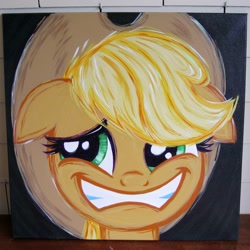 Size: 2000x2000 | Tagged: safe, artist:kp-shadowsquirrel, derpibooru import, applejack, pony, party of one, acrylic painting, bad poker face, bust, looking away, portrait, solo, traditional art