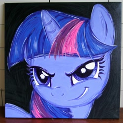 Size: 2000x2000 | Tagged: safe, artist:kp-shadowsquirrel, derpibooru import, twilight sparkle, pony, a bird in the hoof, >:), acrylic painting, bust, evil grin, grin, rapeface, smiling, smirk, solo, traditional art