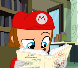 Size: 944x828 | Tagged: safe, artist:favoriteartman, artist:starchase-bases, artist:user15432, derpibooru import, human, equestria girls, alice, alice in wonderland, barely eqg related, base used, book, bookshelf, cap, clothes, crossover, equestria girls style, equestria girls-ified, fairy tale, gloves, hat, library, mario, mario's hat, reading, shirt, super mario bros., undershirt