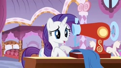 Size: 1280x720 | Tagged: safe, derpibooru import, screencap, rarity, pony, unicorn, season 1, stare master, bedroom, carousel boutique, female, mannequin, mare, sewing, sewing machine, table