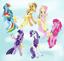 Size: 1280x1218 | Tagged: safe, artist:ravenwolf-bases, derpibooru import, applejack, fluttershy, pinkie pie, rainbow dash, rarity, twilight sparkle, twilight sparkle (alicorn), alicorn, anthro, earth pony, pegasus, unguligrade anthro, unicorn, clothes, female, fire, flying, jetpack, leotard, mane six, sky background, smiling, unshorn fetlocks