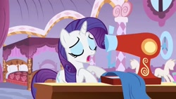 Size: 1280x720 | Tagged: safe, derpibooru import, screencap, rarity, pony, unicorn, season 1, stare master, bedroom, carousel boutique, female, mannequin, mare, sewing, sewing machine, table