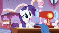 Size: 1280x720 | Tagged: safe, derpibooru import, screencap, rarity, pony, unicorn, season 1, stare master, bedroom, carousel boutique, female, mannequin, mare, sewing, sewing machine, table