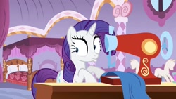 Size: 1280x720 | Tagged: safe, derpibooru import, screencap, rarity, pony, unicorn, season 1, stare master, bedroom, carousel boutique, duckface, female, mannequin, mare, meme origin, pouting, sewing, sewing machine, table