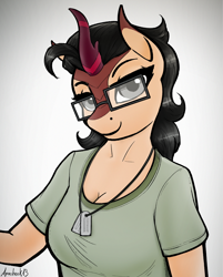 Size: 2480x3080 | Tagged: safe, artist:apocheck13, derpibooru import, oc, oc only, oc:hexen, anthro, kirin, anthro oc, bust, clothes, dog tags, eyebrows, female, glasses, gradient background, gray eyes, high res, kirin oc, looking at you, shirt, signature, smiling, smiling at you, solo, t-shirt