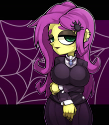 Size: 1543x1763 | Tagged: safe, artist:kyouman1010, derpibooru import, fluttershy, equestria girls, alternate hairstyle, big breasts, black background, breasts, clothes, ear piercing, earring, eyeshadow, female, fluttergoth, gem, goth, hootershy, jacket, jewelry, looking at you, makeup, necklace, piercing, simple background, solo, spider web