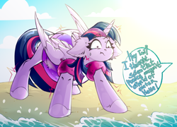 Size: 4128x2980 | Tagged: safe, artist:rico_chan, derpibooru import, twilight sparkle, twilight sparkle (alicorn), alicorn, pony, adorable distress, beach, cute, ears, floppy ears, inner tube, offscreen character, scared, sketch, solo, speech bubble, trembling, water, water wings