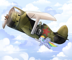 Size: 806x668 | Tagged: artist needed, safe, derpibooru import, rainbow dash, human, pony, biplane, cyrillic, fanfic art, flying, i-153, plane, russian, valery chkalov