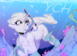 Size: 2501x1817 | Tagged: safe, artist:kisselmr, derpibooru import, oc, oc only, alicorn, earth pony, pegasus, pony, unicorn, advertisement, bubble, commission, ocean, open mouth, solo, summer, swimming, underwater, water, wings, ych sketch, your character here