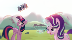 Size: 1920x1080 | Tagged: safe, artist:lumo_xu, derpibooru import, edit, edited screencap, screencap, starlight glimmer, twilight sparkle, twilight sparkle (alicorn), alicorn, pony, unicorn, female, grass, hill, kite, kite flying, lesbian, looking at each other, looking at someone, magic, pmv, shipping, smiling, sunlight, tree, twistarlight