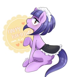 Size: 1234x1334 | Tagged: safe, artist:bbtasu, derpibooru import, tote bag (character), earth pony, pony, clothes, female, happy birthday, maid, mare, simple background, solo, white background