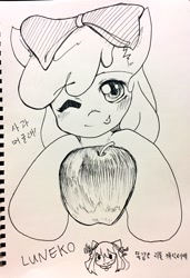 Size: 1400x2048 | Tagged: safe, artist:neko_lu_, derpibooru import, apple bloom, earth pony, pony, :p, apple, blushing, female, filly, foal, food, korean, looking at you, one eye closed, sketch, solo, text, tongue, tongue out, traditional art, wink