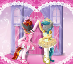 Size: 3000x2600 | Tagged: safe, artist:avchonline, derpibooru import, oc, oc only, oc:mysti inferno, oc:precious gemstones, earth pony, unicorn, ballerina', ballet, ballet slippers, blushing, boyfriends, castle, clothes, colored horn, crossdressing, dancing, duo, gloves, hair tie, heart, holding hooves, horn, jewelry, love, male, multicolored hair, pink tutu, tiara, tights, tutu, yellow tutu