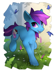 Size: 1600x2070 | Tagged: safe, artist:yakovlev-vad, derpibooru import, oc, oc only, oc:nohra, butterfly, earth pony, pony, flower, simple background, solo, white background